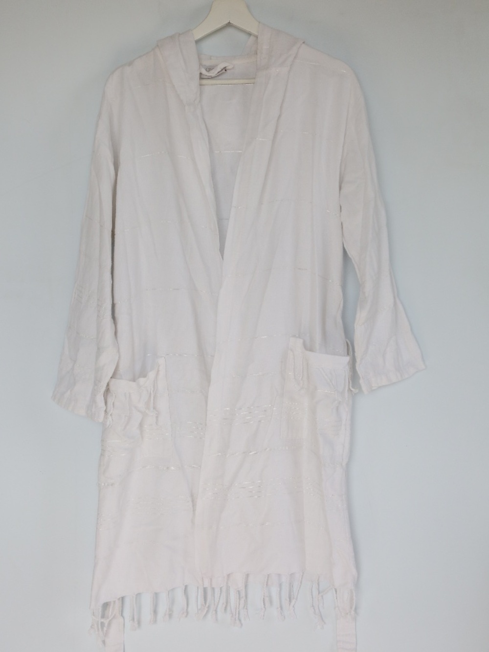 Cacala Cotton White Lightweight Boho Tasseled Hooded Robe Size S/M